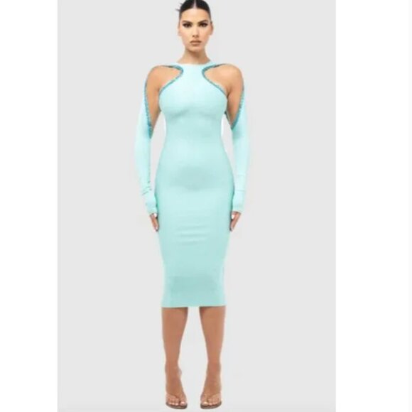 NWT CouCoo Necker Aqua Stretch Sequin Bodycon Open Shoulder Party Midi Dress S - Picture 2 of 8